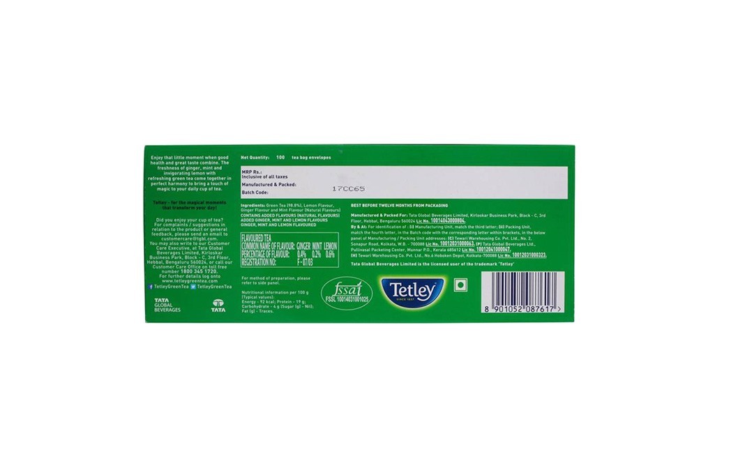 Tetley Green Tea Invigorating (Ginger, Mint & Lemon)   Box  100 pcs